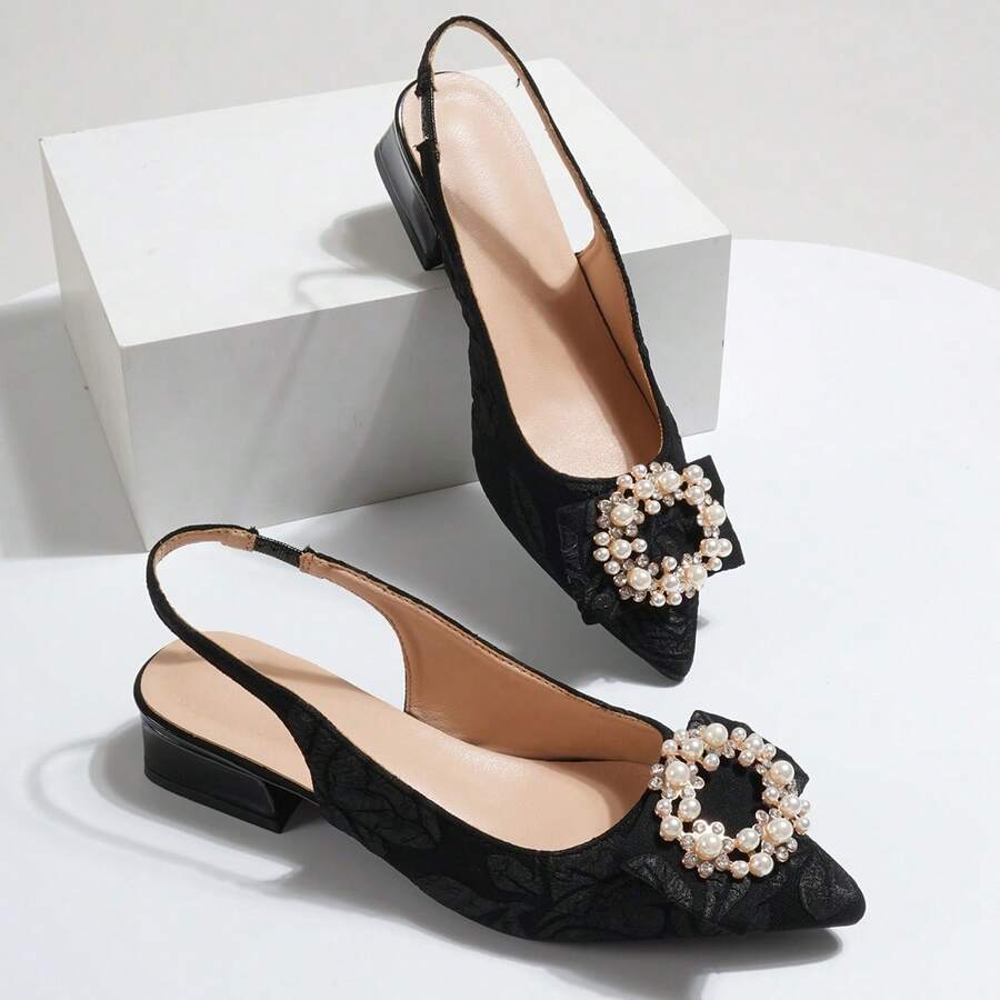 Elegant Fashion Strap Peep Toe Sandals With Faux Pearl Decor - Black - View 1