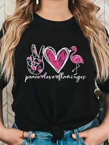 Camiseta de Moda de Talla Grande, Manga Corta, Cuello Redondo, con Estampado de Flamencos y Mensaje de Paz y Amor - Negro - Ver 5