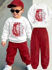Young Boy Cartoon Print Round Neck Long Sleeve Top And Cargo Long Pants - White - View 1