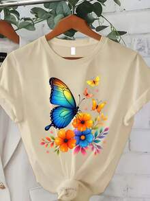 Talla Grande - Talla Grande - Camiseta con estampado de mariposas y flores coloridas, adecuada para mujeres de talla grande, es la elección perfecta para la moda casual de verano.Esta camiseta de manga corta y cuello redondo es perfecta para el verano y el otoño, lo que la convierte en un excelente regalo para el Día de Acción de Gracias y Navidad. Camiseta de Verano Fresca para Mujer - Albaricoque - Ver 6