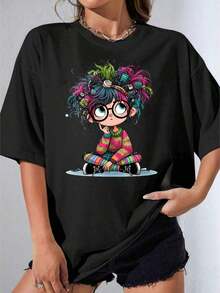 Camiseta Negra y Blanca para Niña, Linda Camiseta Oversize con Estampado de Niña de Dibujos Animados, Cabello Colorido y Gafas, para Uso Casual, Fiestas al Aire Libre, Camiseta Estampada Casual de 180g - Negro - Ver 7