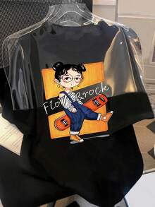 Camiseta de manga corta para mujer de puro algodón - corte holgado, cuello redondo, estilo casual, estampada con dibujos animados, detalles en negro y amarillo, lavable a máquina para comodidad durante todo el año, camiseta de algodón, diseño de estampado único, versátil y a la moda. - Negro - Ver 6