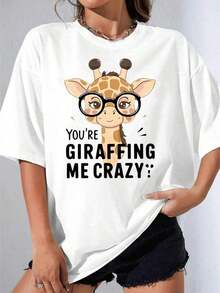 Camisetas de Mujer, Manga Corta Casual para Fiesta, Camiseta con Estampado de Jirafa Linda, Jirafa Blanca de Dibujos Animados con Gafas, Estampado 'You're Giraffing Me Crazy', Top Casual de Verano Unisex para Mujeres y Hombres, 180g - Blanco - Ver 7
