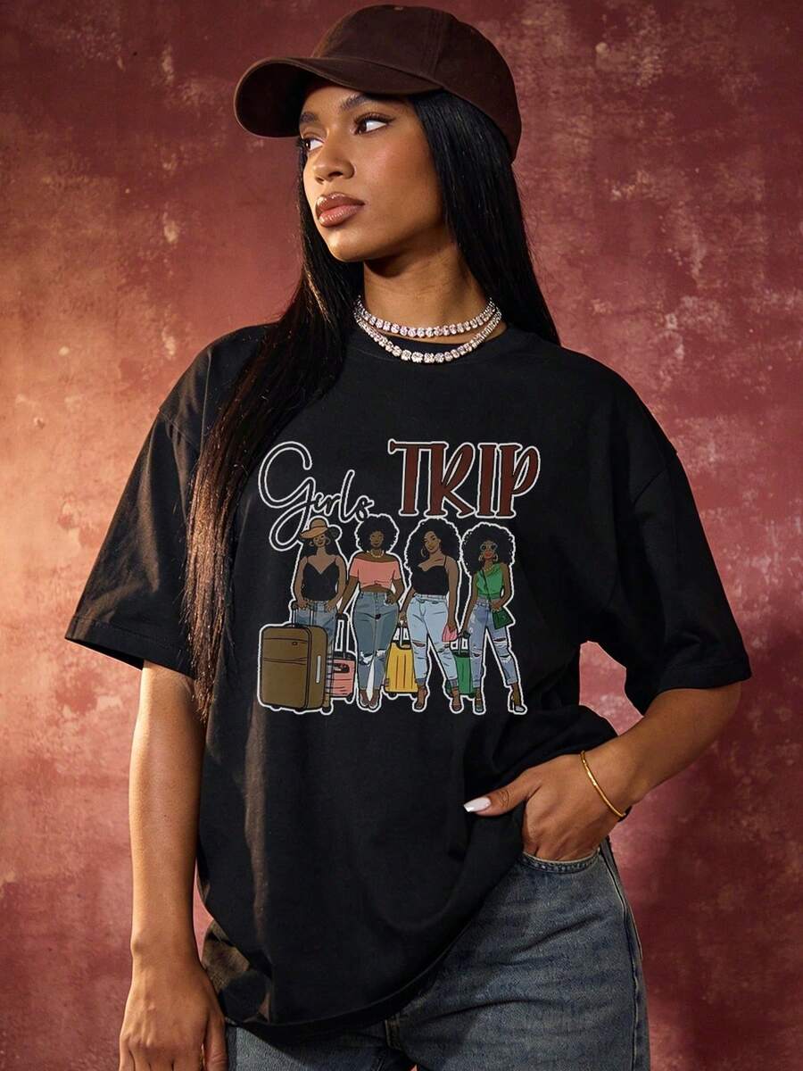 Women's Soft And Casual Short-Sleeved T-Shirt With A Round Neck, Featuring A Graphic Print Of Girls' Travel Illustrations, Suitable For Everyday Wear. Black. - 黑色 - 查看 1