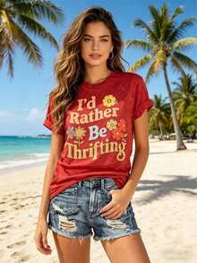 Cómodo Camiseta de primavera con estampado floral "Preferiría ir de compras en la segunda mano" - Estilo vintage, diseño divertido y único, adecuada para entusiastas de las compras, camiseta de mezcla de algodón, holgada y cómoda para el verano, playeras de mujer algodon, blusa casual mujer,  mujer - Rojo - Ver 2