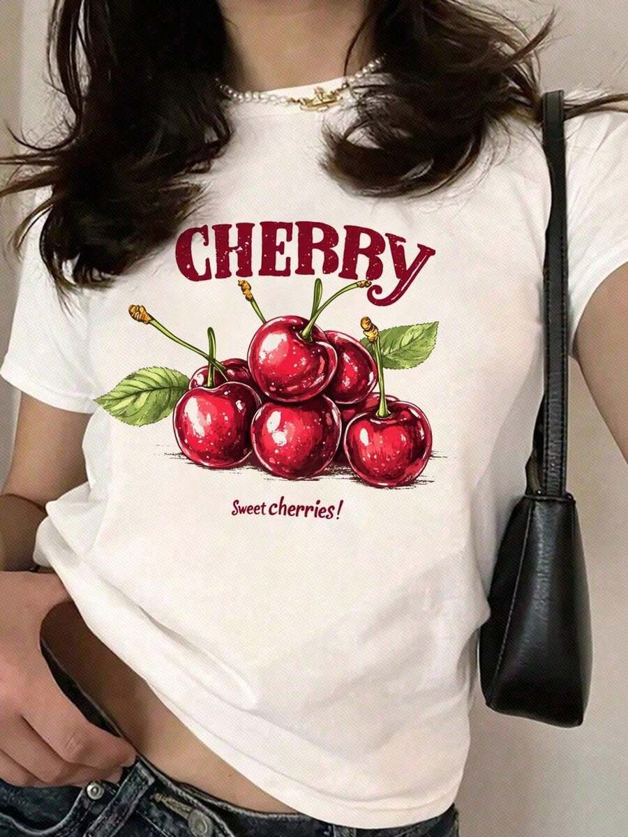 Women's Cherry Print Round Neck Short Sleeve Casual T-Shirt, Hot Selling For Spring And Summer - White - View 1