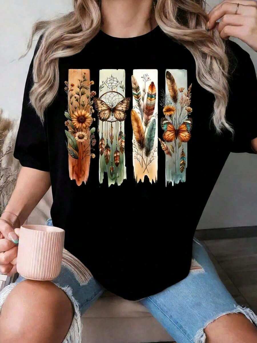 Vintage Boho Floral T-Shirt, Flower And Butterfly T-Shirt, Floral T-Shirt, Retro Floral T-Shirt, Gift For Nature Lovers, Unisex Graphic T-Shirts, Funny T-Shirt - 黑色 - 查看 1