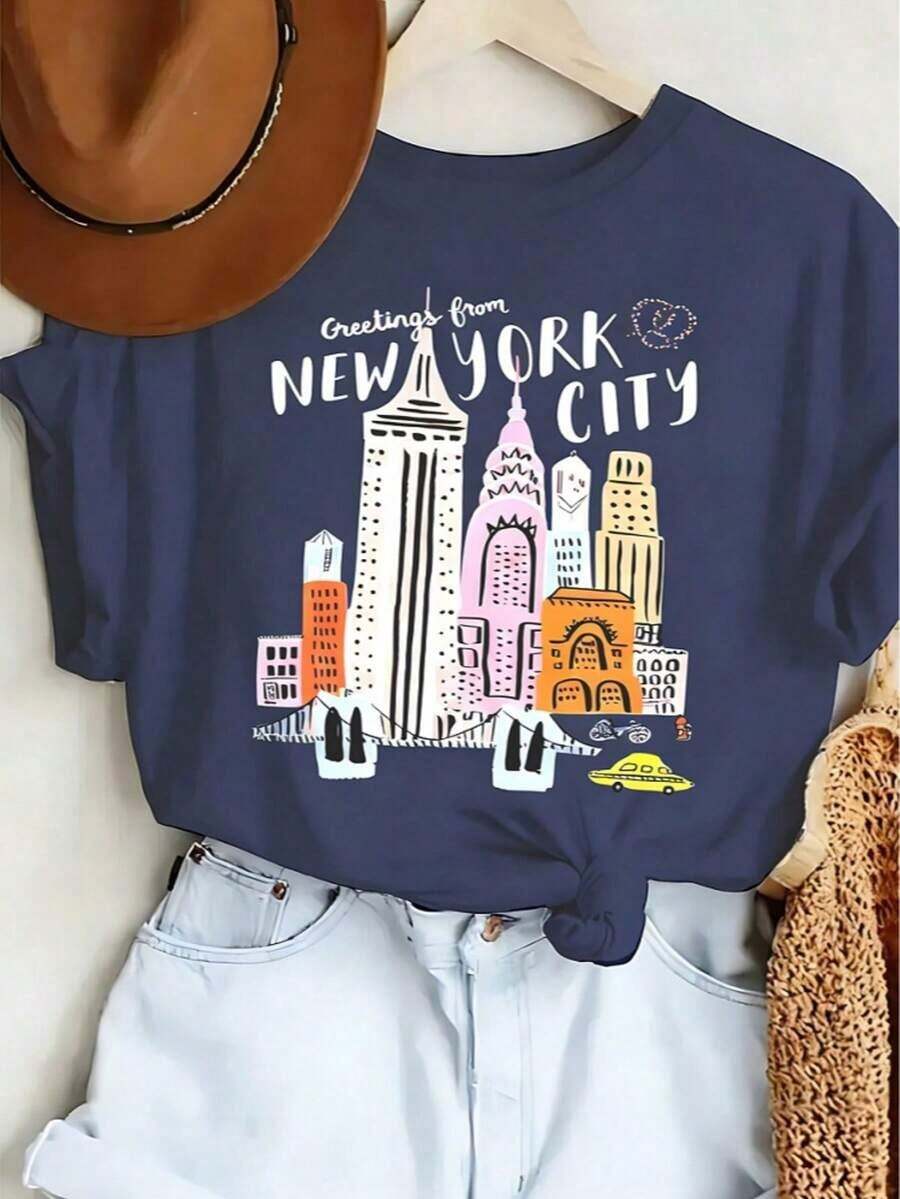 Women's T-Shirt, 100% Cotton, Loose Fit, Y2K Print, Crew Neck - Women's New York City Skyline Graphic T-Shirt - Casual Short Sleeve Top With Statue Of Liberty And Brooklyn Bridge Design, Fall New York City Text, Machine Washable, Summer And Spring T-Shirt, New York T-Shirt, Urban Style, Fun Design, Breathable Material, Printed T-Shirt, For Enthusiasts - Summer Festival Fashion, 180g Adult T-Shirt - 藏蓝色 - 查看 1