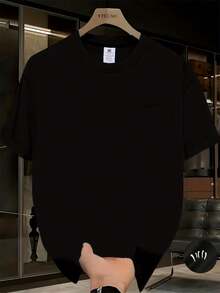 Camiseta sencilla de corte regular en azul marino para hombre y mujer - Camiseta casual de verano de manga corta con cuello redondo suave, con estampado de logotipo en el pecho, tela transpirable de 180GSM, lavable a máquina, estilo básico para el día a día, corte holgado unisex, ropa versátil, neutral, a la moda, cómoda, material ligero, camiseta estampada, ropa para adultos, estilo urbano, atuendo casual diario, verano. - Negro - Ver 12