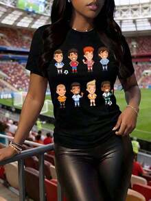 100% Cotton T-Shirt With Cartoon Football Character Print, World Cup Theme - 黑色 - 查看 7
