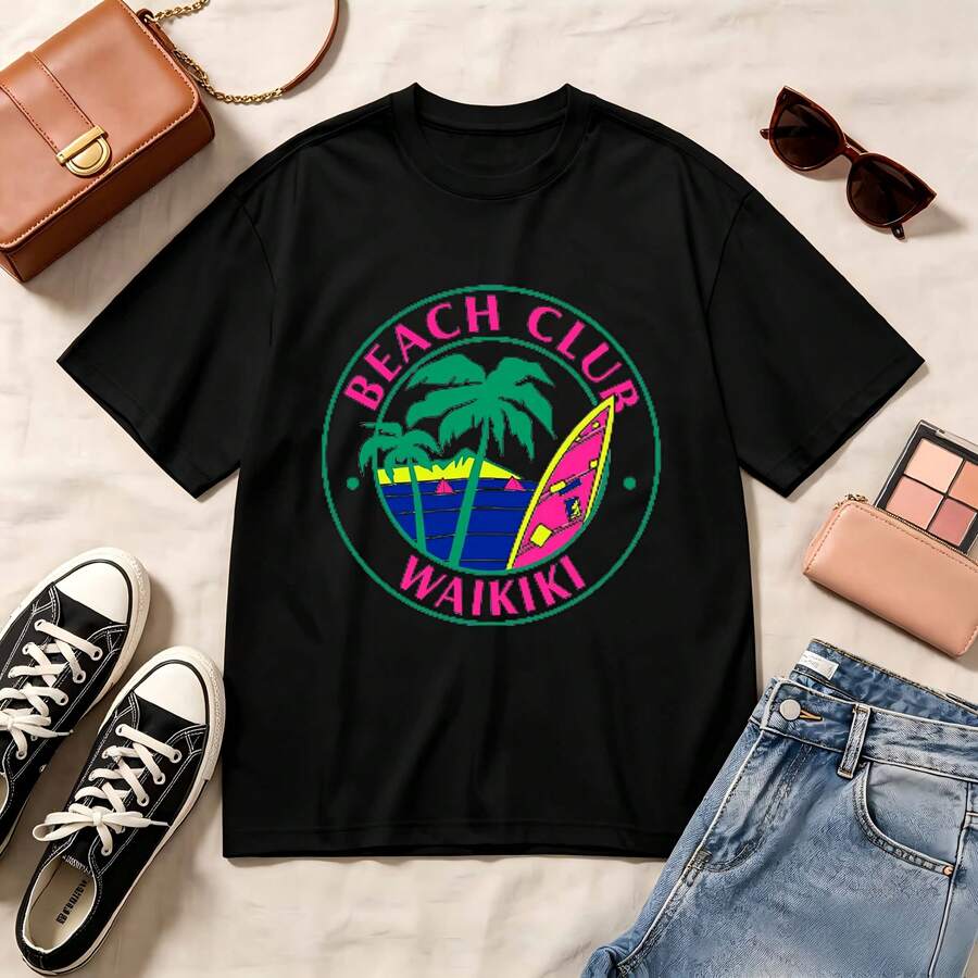 Retro Beach Club Waikiki, 100% Cotton Oversized Soft Breathable Casual Crewneck Short Sleeve Top, Summer Vibes Streetwear Aesthetic - 黑色 - 查看 1