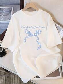 Camiseta de manga corta blanca de algodón puro para mujer, estilo popular 2025, con estampado de lazo lindo, corte holgado. - Blanco - Ver 2