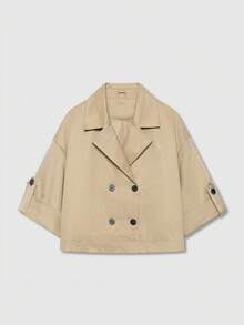 Mantel Trench Pendek Berkerah Lengan Pendek Kancing Ganda - Khaki - View 2