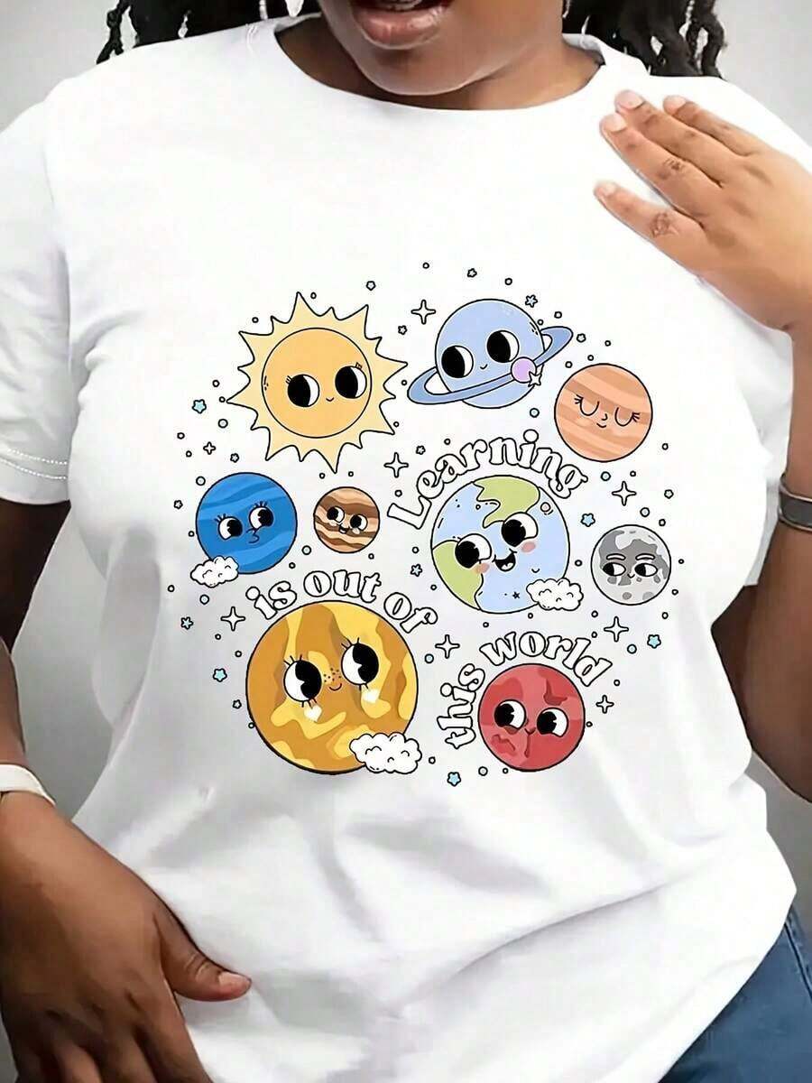 Camiseta de Cuello Redondo Planet Print - Cuello Redondo Clásico, Mangas Cortas, Top Casual Ultra Suave para Mujer - Perfecta para Salidas de Primavera y Verano, Prenda Imprescindible en la Moda Femenina - Blanco - Ver 1