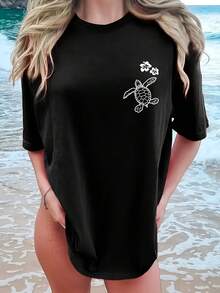Camiseta cómoda estampada tortuga flores diseño moderno estilo bohemio relajado casual playa verano negra talla S a XL moda femenina - Negro - Ver 1