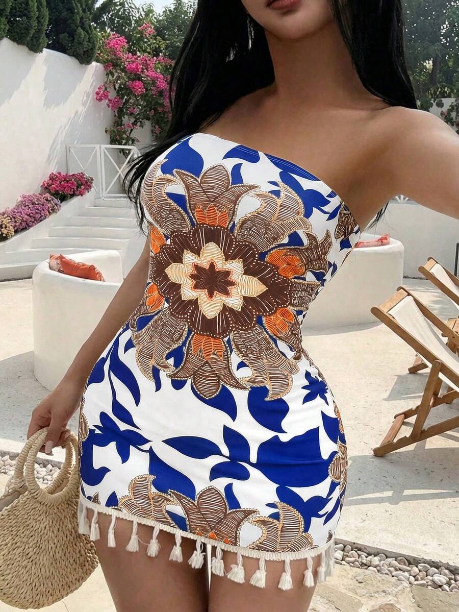 AIJ Amarilo 女士碎花随机印花优雅性感无肩带连衣裙,波西米亚流苏无袖迷你连衣裙,适合休闲、度假、海滩、派对、约会、婚礼等场合,可爱夏季迷你连衣裙 - 藍色 - 查看 1