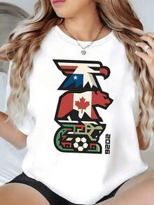 Símbolo que representa la unión cultural entre naciones norteamericanas con un águila un oso y formas geométricas que evocan fuerza cooperación y pasión deportiva camiseta de mujer casual moderna - Negro - Ver 6