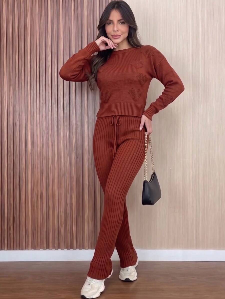 Women's Ribbed Knit Set: Long-Sleeved Blouse With Heart Details, High-Waisted Pants With Adjustable Drawstring, Casual Autumn/Winter Knitwear - Rust - View 1