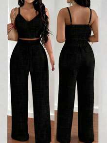 Set de 2 piezas con top de tirantes con estampado floral y pantalones anchos con cintura elástica y lazo para mujeres - Negro - Ver 4