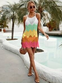 Vestido Elegante de Rayas Arcoíris para Mujer, Sexy, sin Mangas, Ropa de Playa, Colorido, Estilo Tropical para Vacaciones, Vestido Tipo Tubo - Rosa - Ver 4
