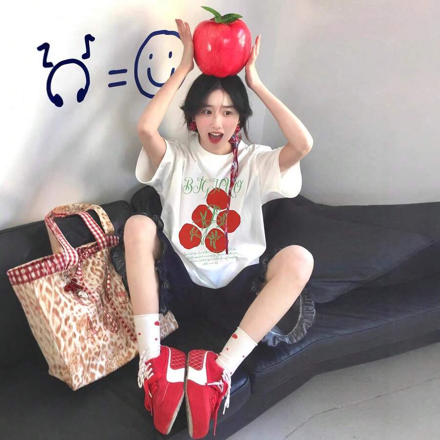 Camiseta de manga corta estilo americano, talla grande, con divertido estampado de tomate de dibujos animados para mujer, top casual de verano, holgado, de cuello redondo, de algodón puro, a la moda, cómoda y holgada. - Blanco - Ver 1