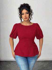 Blusa casual de manga corta con lazo y espalda abierta, unicolor, para mujer talla grande, verano - Burdeos - Ver 7