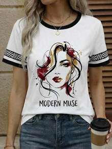 Camiseta casual de mujer de manga corta de verano con estampado de letras y degradado de color - Multicolor - Ver 5