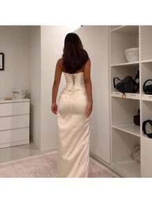Nuevo vestido de fiesta de verano para mujer, elegante vestido anudado con abertura, tejido satinado. - Blanco - Ver 3
