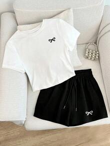 Conjunto de camiseta con estampado de corazón bordado y pantalones cortos de cintura elástica para mujer talla grande, adecuado para deportes al aire libre, gran regalo para mujeres, hermanas, madres, Día de la Madre, Día de San Valentín, conjunto - Multicolor - Ver 1