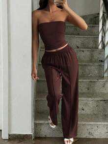 Conjunto de 2 piezas de ropa de otoño Vaiaye: Top corto ajustado y sexy sin tirantes, camiseta básica de unicolor elástica y ajustada, top tipo bandeau para yoga; Conjunto de pantalones para primavera/verano - Marrón - Ver 2