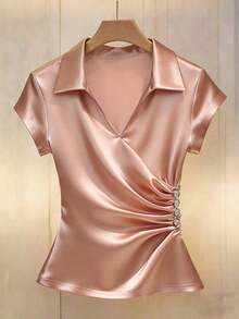 de verano elegante para mujer con cuello en V, mangas cortas y drapeado, unicolor, top de satén blanco para fiestas, salidas a la playa y eventos - Rosa - Ver 7