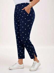 Pantalones casuales con estampado de lunares, bolsillos y aberturas laterales para mujer talla grande.Ideales para vacaciones, Año Nuevo, Día de San Valentín, negocios casuales, oficina, primavera y verano - Azul marino - Ver 1