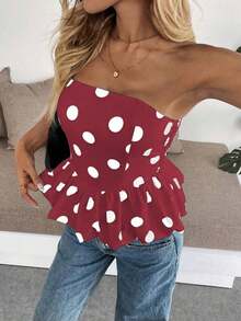 Top bandeau con dobladillo de peplum con estampado de lunares de moda para mujer - Burdeos - Ver 5
