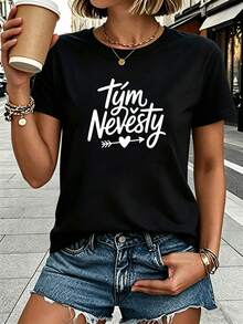 Camiseta de manga corta de primavera/verano para mujer, 100% algodón, con estampado de texto en ruso "Tým Nevesty" (equipo de la novia) y temática de fiesta nupcial. Camiseta sencilla de color sólido para mujer, de corte holgado y ajustado, estilo casual. - Negro - Ver 2