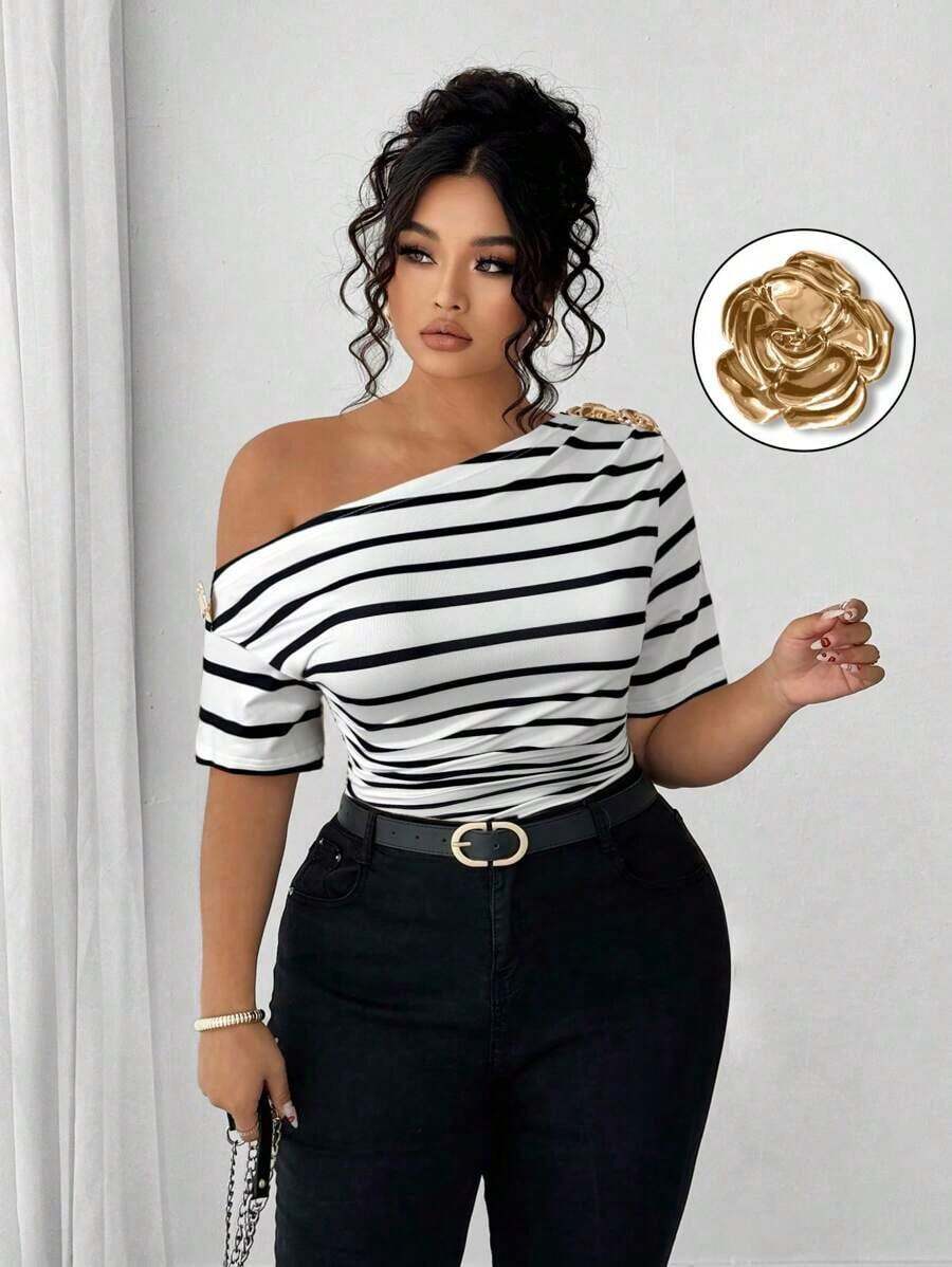 Blusa de hombros descubiertos elegante y versátil de moda casual para mujeres de talla grande - Blanco y Negro - Ver 1