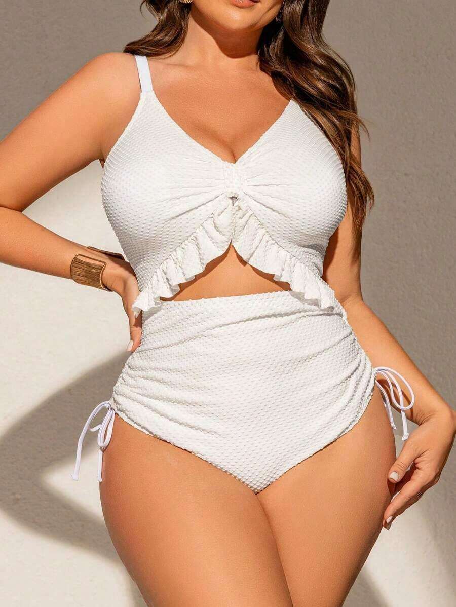 Traje de baño de una pieza para mujer de talla grande, de tela especial, escote en V profundo, tirantes ajustables, almohadillas extraíbles, volantes en el bajo, cintura con cordón, elegante y sexy, traje de baño casual para resort y playa - Blanco - Ver 1