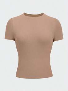 Camiseta ajustada de cuello redondo en color café talla grande para mujer - Multicolor 2 - Ver 3