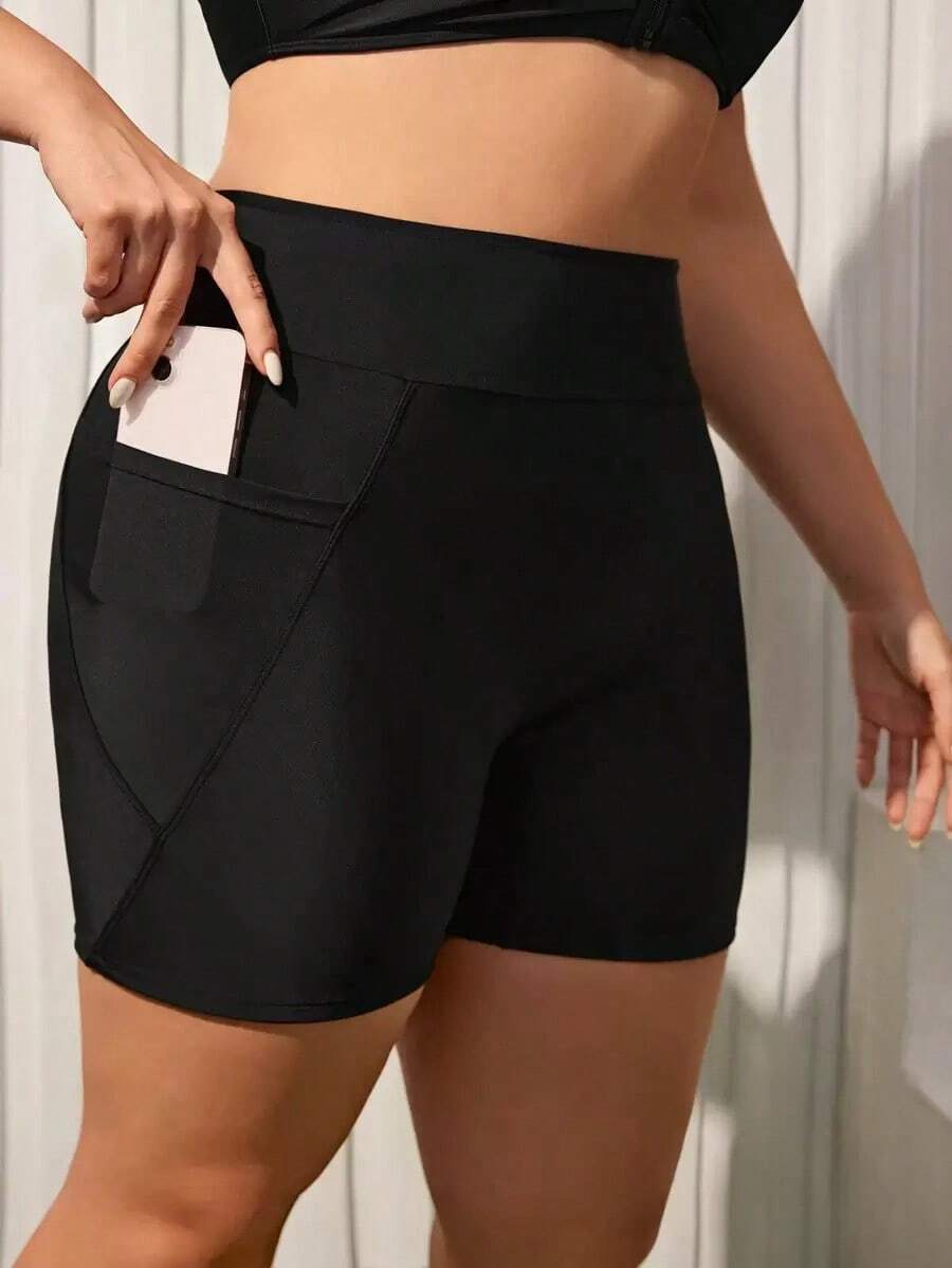 Shorts de bikini de talla grande para playa de verano de unicolor con bolsillo - Negro - Ver 1