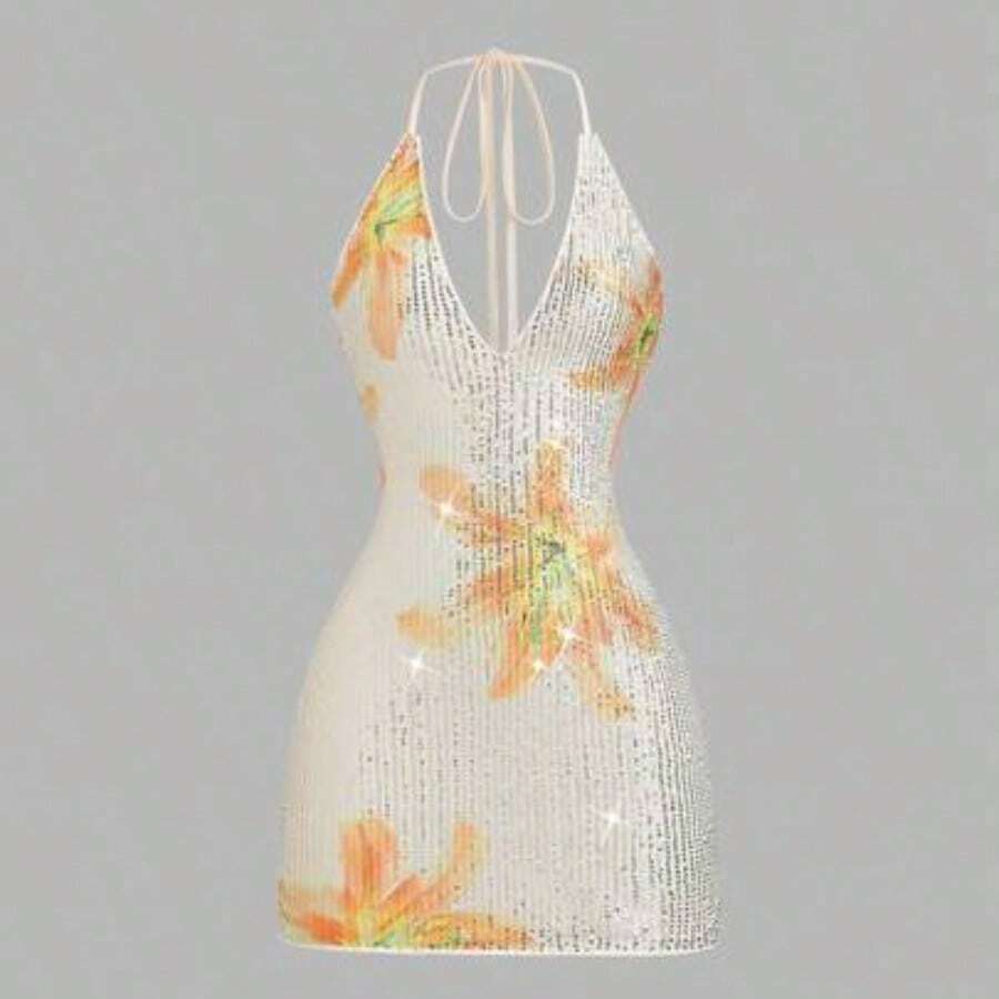 Women's New Spring/Summer Suitable For Vacation, Party, Elegant Romantic Floral Sequin Fabric Deep V-Neck Design Backless Tie Strap Mini Dress - Amarillo - Ver 1