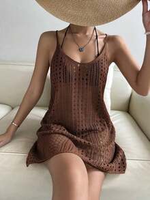 Vestido cover up tejido con abertura sin bikini - Café integral - Ver 1