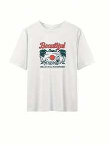 Women's Clothing - "Beautiful Coast" Graphic T-Shirt - Palm Tree And Sunset Design, Short Sleeve, Crew Neck, Summer Style, Comfortable Fit, Beachwear. | Comfortable Fit T-Shirt | Graphic T-Shirt, Women's Shirts - 白色 - 查看 5