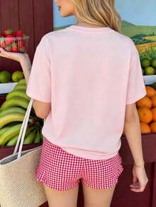 Women's Short-Sleeved T-Shirt With A Round Neck And Summer Landscape Print, Casual And Resort Style, Your Everyday Essential For Summer 2026. Printed T-Shirt, Pink Top For Women, Vacation Outfit - 粉色 - 查看 2