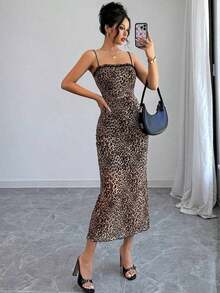Vestido de largo medio con estampado de leopardo, encaje y parches, de tela elástica, sin espalda, vestido romántico y sexy, adecuado para uso diario, trabajo, vacaciones, fiesta y citas - Multicolor - Ver 2