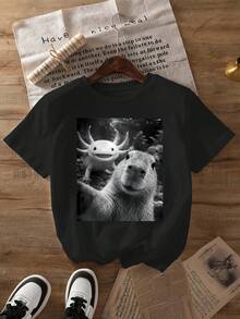 T-Shirt With A Selfie Print Of A Capybara (Mexican Axolotl), Short Sleeves And Round Neck, Casual Garment, Suitable For Spring And Summer, Women's Clothing. - 黑色 - 查看 1