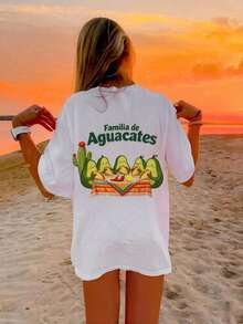 Camiseta Gráfica Vintage con Diseño de Familia de Aguacates, Lindo Patrón de Avocados Familiares y Tacos Mexicanos con Cactus, Camiseta Oversized Casual de Streetwear para Mujer, Perfecta para Uso Diario, Playa, Fiesta o Regalo, Ajuste Cómodo de Verano - Blanco - Ver 6