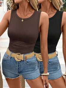 Set de 2 camisetas ajustadas de cuello redondo para mujer, casual, de vuelta al colegio - Multicolor 6 - Ver 8