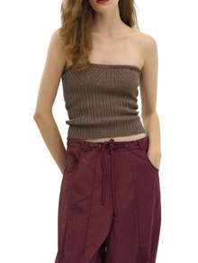 Women's Summer Tube Tops, Solid Color Knitting Ribbed Strapless Cropped Tops Slim Backless Vest - Brown - View 1