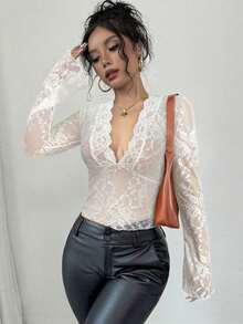 Blusa de encaje negro con cuello en V y mangas acampanadas con parche de encaje para mujer - Blanco - Ver 5