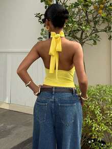 Top de punto con cuello de halter color albaricoque para mujer - Amarillo - Ver 2