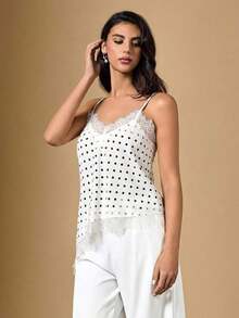 2026 Nuevo Llegado Verano Elegante Blusa de Satén a Lunares para Mujer con Tirantes de Encaje Contrastante y Bajo Asimétrico de Longitud Regular/Blusa Asimétrica de Verano, Blusa de Salida de Verano para Mujer, Vacaciones de Primavera, Blusa Eleg - Blanco 2 - Ver 6